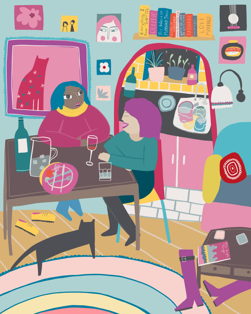 Bright and colourful lifestyle illustration of two women chatting together after dinner. There are plates piled on the table and wine and water. In the background you can see a glimpse of kitchen with dirty dishes in the sink and a windowsill with plants on and nighttime through the window. In the foreground are a rug, discarded shoes and a cat. And to the side is an armchair, coffee table (with coasters and a magazine on). On the walls can be seen lots of pictures and a shelf full of books.