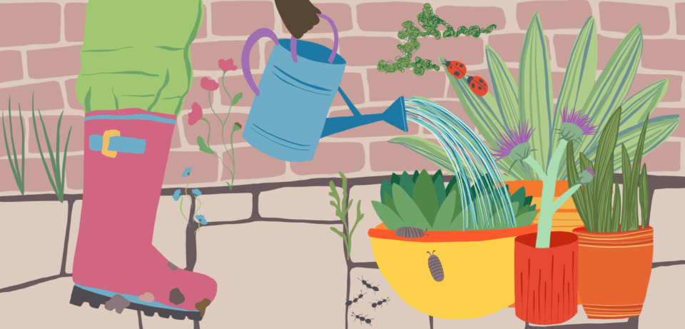 Illustration of someone watering plants in a courtyard garden from List Happy. (Written by Vanessa King. Illustrated by Tasha Goddard. Published by DK Books.) By Tasha Goddard.
