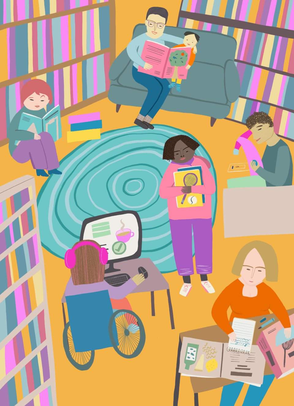 Illustration of a library from List Happy. (Written by Vanessa King. Illustrated by Tasha Goddard. Published by DK Books.) By Tasha Goddard.