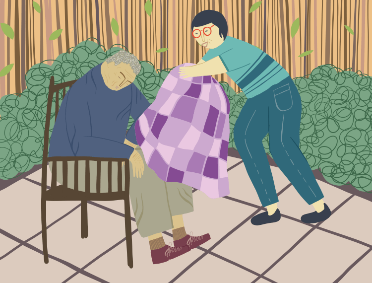 Illustration of someone caring for an elderly relative from List Happy. (Written by Vanessa King. Illustrated by Tasha Goddard. Published by DK Books.) By Tasha Goddard.