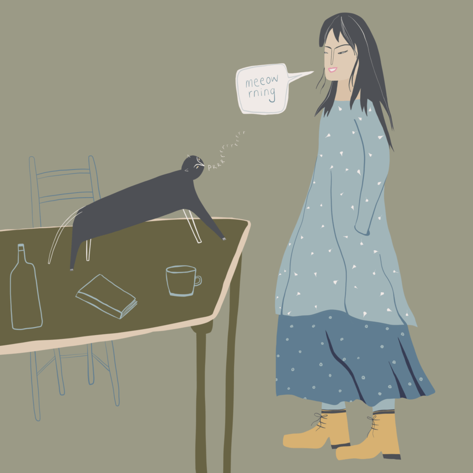 Illustration of a cat greeting its owner in the morning. Owner has long black hair and blue dress and tan boots. Cat is black and is standing on a dining table. Chair, bottle, mug and book line drawings; rest flat loosely and digitally hand-drawn. Cat is purring and woman is saying MEOWrning. llustrated by Tasha Goddard.