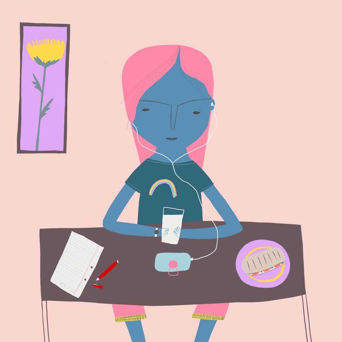 Stylised illustration of a teenager doing homework while watching their phone, with headphones in and drinking milk and eating a tomato and mozzarella panini by Tasha Goddard