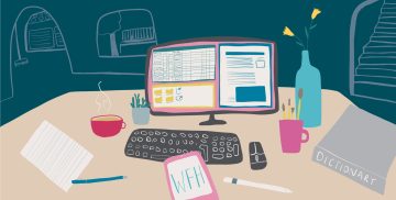 Colourful illustration of a work from home desk with computer, keyboard, mouse, spreadsheets, document, tablet, stylus, dictionary, coffee cup, houseplant, flowers, notebook and pen, dictionary, pen pot and other rooms, stairs and window in background using faded lines. By Tasha Goddard.