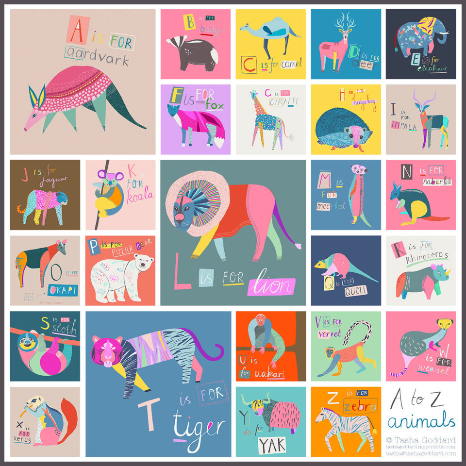 Illustrated A to Z of Animals. A 26-image collection of animals. From A is for Aardvark, through N is for Nabarlak and T is for Tiger, to Z is for Zebra. © Tasha Goddard 2021 | tashagoddard.com