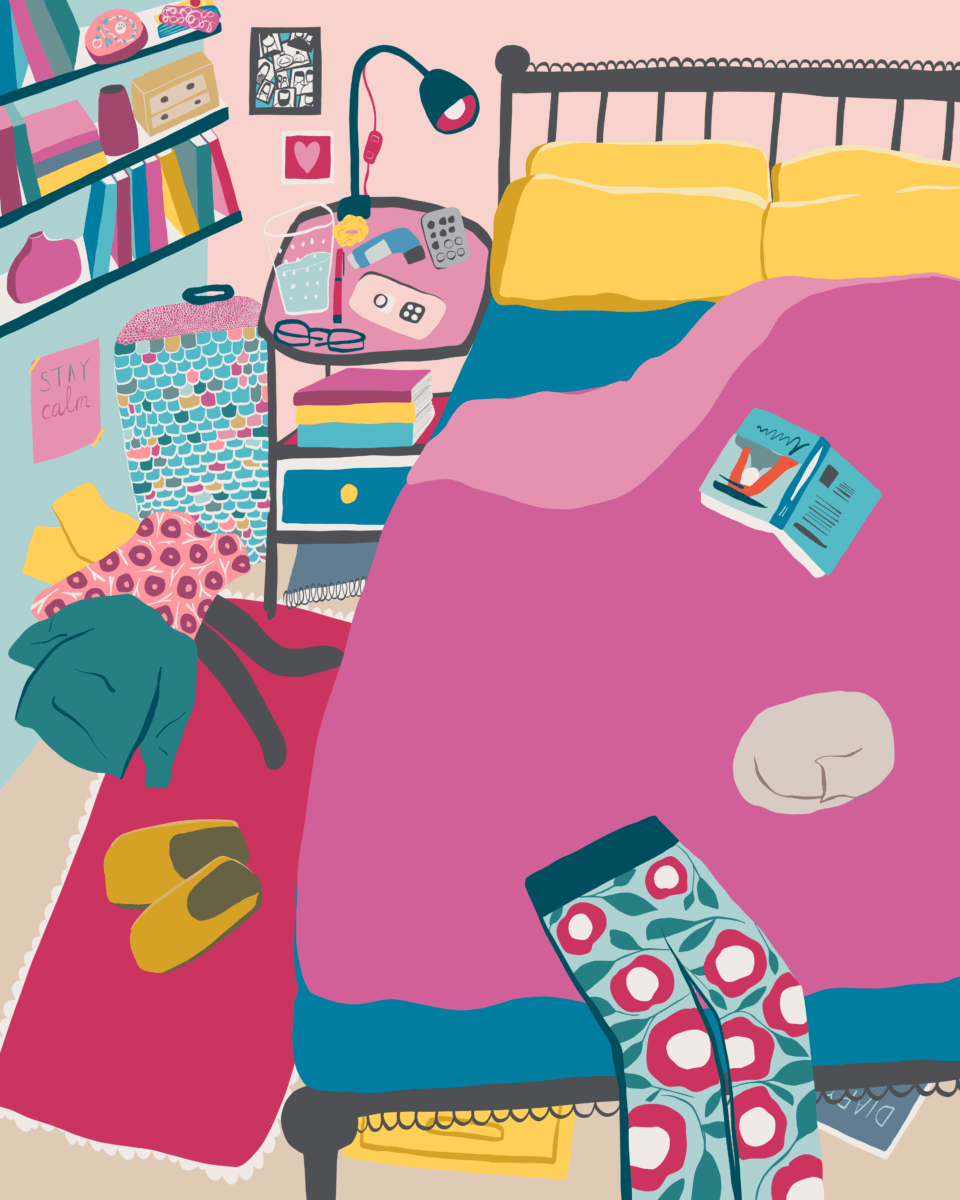 Illustrated bedroom by Tasha Goddard. Including bed, pyjamas, book, cat, bedside table, phone, glasses, inhaler, pills, scrunchy, water glass, lamp, shelves, books, ornaments, washing basket, clothes, slippers, box, diary, picture. Digitally handdrawn in a colourful and quirky style.