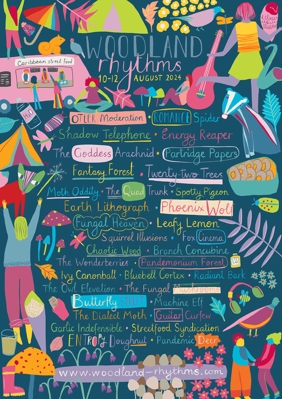 Music Festival Poster for an imaginary music festival. On a dark blue background with lots of colourful elements, including people dancing, woodland creatures, musical instruments, mushrooms and flowers and streetfood, and hand-lettered made-up band names. Illustrated by Tasha Goddard.