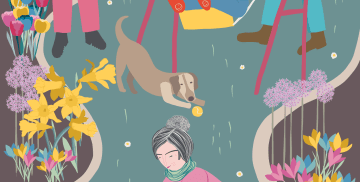 Illustration of a family hanging out together in the garden, by Tasha Goddard, including someone taking a photo and wearing dungarees, an older man pushing a young child on a swing, an older woman planting seedlings in a flower bed, a lawn, with some daisies on, various flowers in flower beds, a fence, and a dog playing with a tennis ball.
