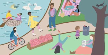 Colourful illustration of people hanging out in a park