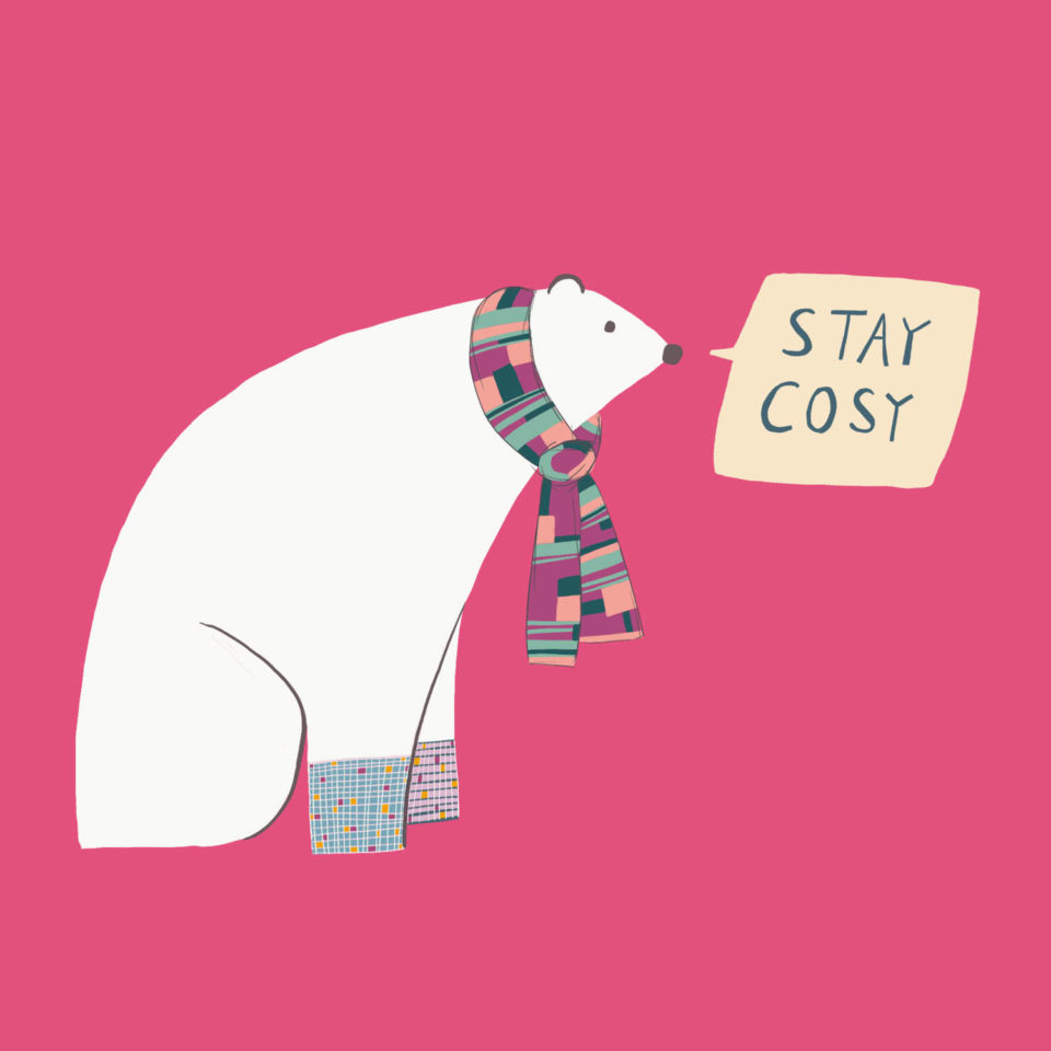Stay Cosy Polar Bear. Festive polar bear on a dark pink background wearing a patchwork scarf and wooly socks. By Tasha Goddard tashagoddard.com