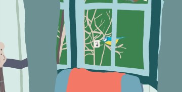 Illustration of armchair in bay window, with hedge and tree outside and birds singing. Curtains, cushion, book, mug and guitar visible