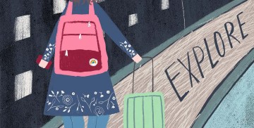 Illustration of the author (Tasha Goddard) exploring a city at night time, with backpack, suitcase and passport.