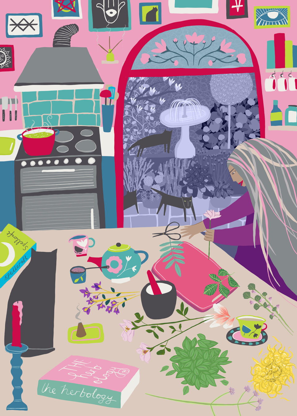 An illustration of a modern witch in her kitchen with her night-time herb garden in the background. A cooker is heating up a pan of something. On the kitchen table are spell and herb books, a black cat, a teapot, tea strainer, milk jug and cup and saucer, a chopping board and lots of cuttings from herbs and flowers. The witch has grey hair with colourful streaks and wears purple clothes. She has medium brown skin and she is reaching for some houseplant scissors and holding a flower. In the garden you can see a fountain, three black cats, and a variety of trees and flowers and herb bushes. Illustrated by Tasha Goddard.